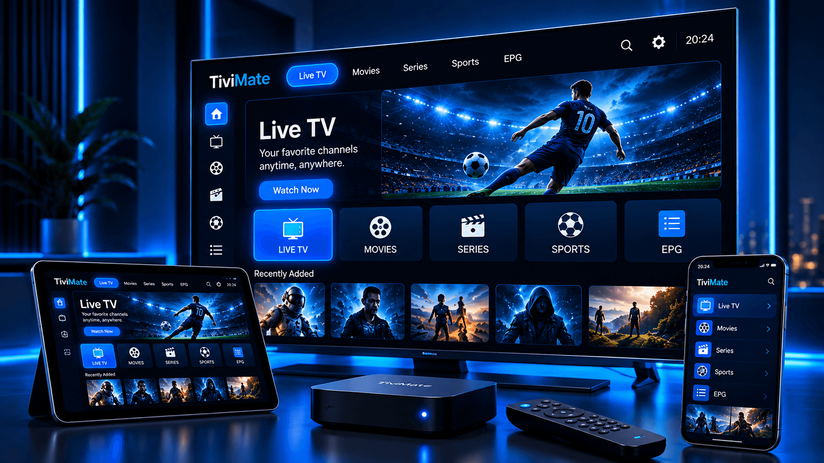 IPTV player interface with Live TV, Movies, Series, Sports and EPG sections shown on a TV, tablet and smartphone, with a streaming box and remote
